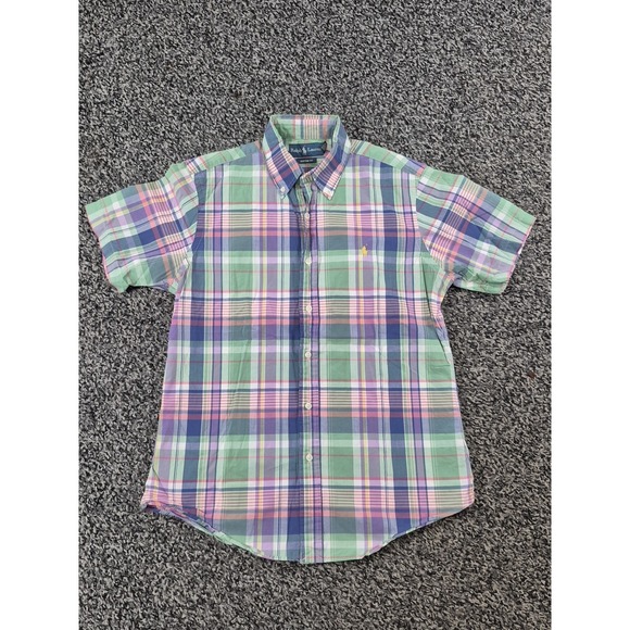 Ralph Lauren Custom Fit Button Down Shirt‎ Mens Medium Blue Plaid Short Sleeve - Picture 2 of 8